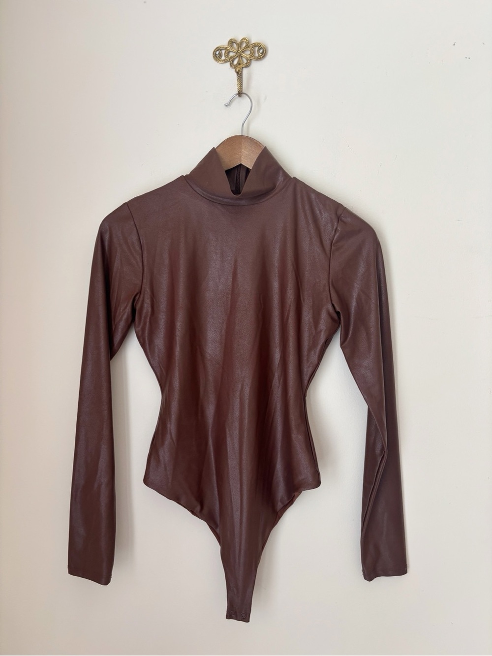 Naked Wardrobe Brown Faux Leather Mock Neck Bodysuit Medium